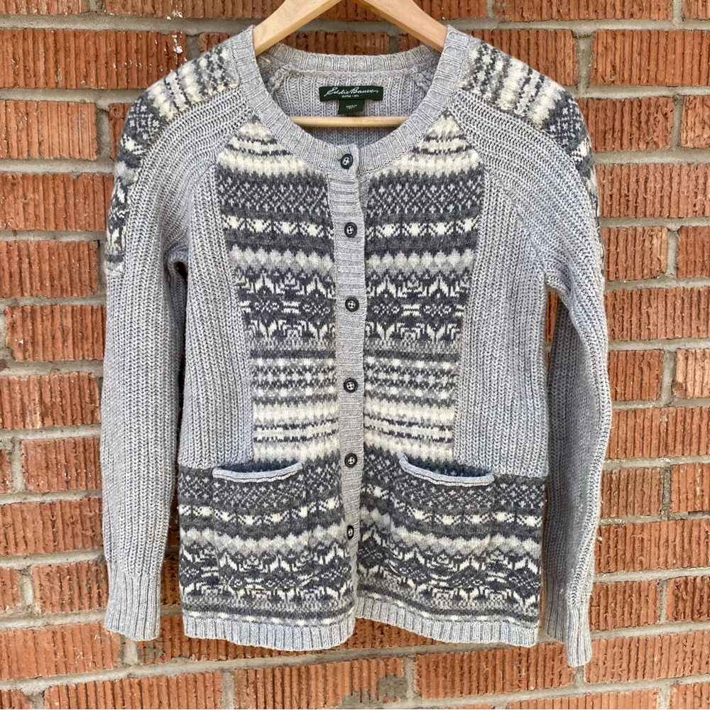 Eddie Bauer Sweater Womens Petite Small Gray Button Nordic Fair Isle Cardigan